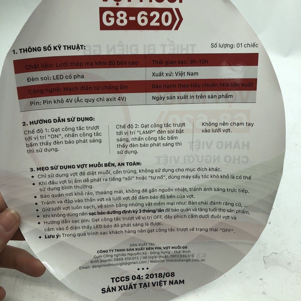 Vợt bắt muỗi G8-620 có đèn Led ,Hàng việt nam chất lượng cao