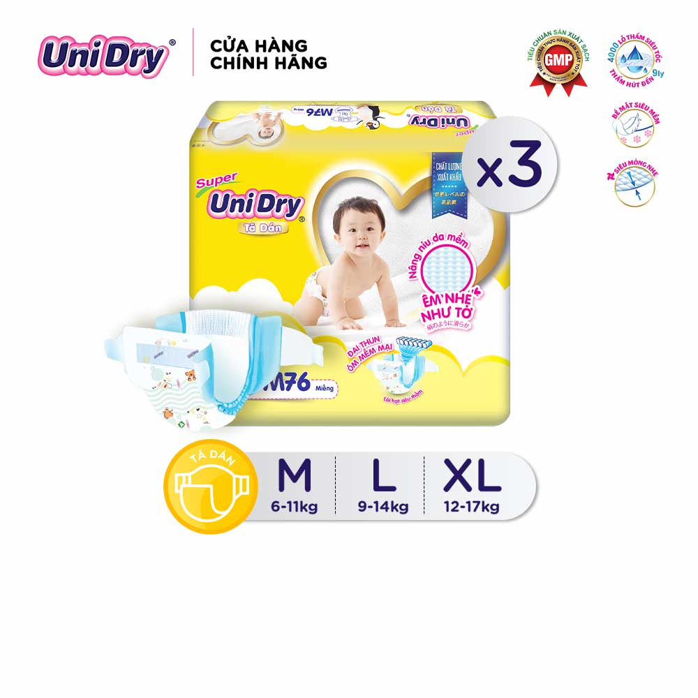 Combo 3 Tã dán UniDry Siêu khô thoáng size S48/M42/L38/XL34