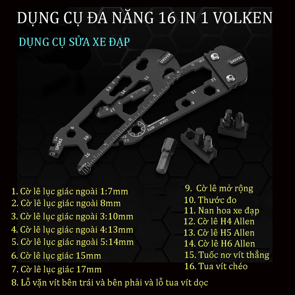 Dụng cụ đa năng16 in 1 Volken VK201 sửa xe đạp móc EDC kết hợp tua vít và cờ lê điều chỉnh màu đen Phặn Phặn