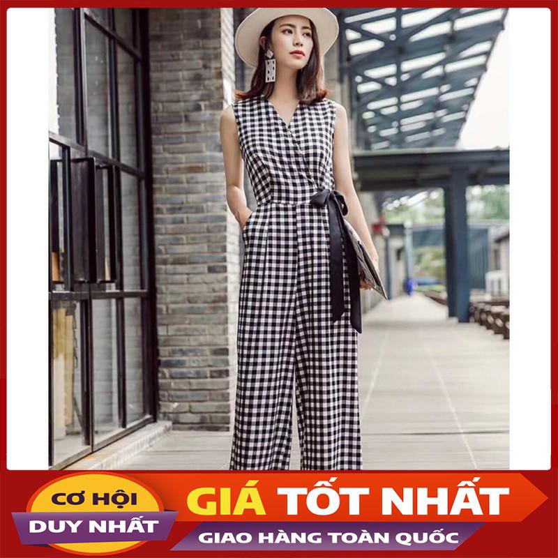 Jumpsuit Kẻ Dài Ống Suông Thắt Nơ Eo Dấu Bụng, Đồ Bay Dáng Dài JS01 -Violet_Store