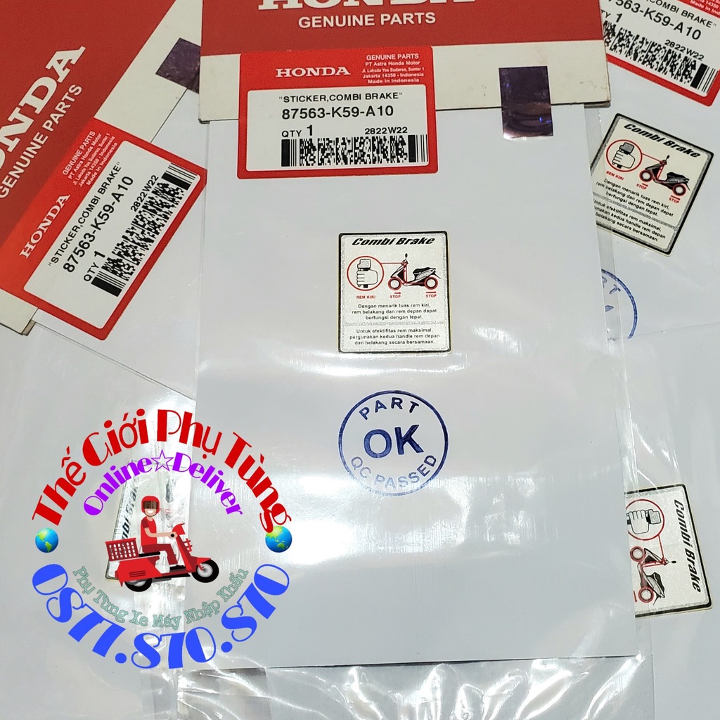 Tem cảnh báo Combi Brake dán bợ cổ Vario 2015-2017 zin honda Indo - 87563-K59-A10