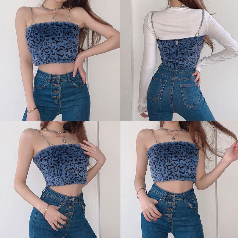 Xiangbao Áo Crop Top Hai Dây Phối Lông Họa Tiết Da Báo Phong Cách Harajuku Quyến Rũ Cho Nữ
