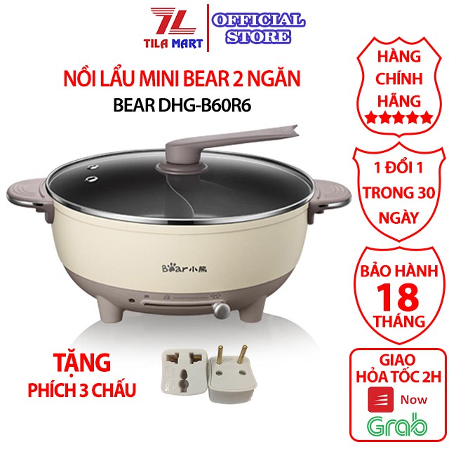 [Chính Hãng] Nồi Lẩu Mini Bear 2 Ngăn Dung Tích 6L Công Suất 1500W Nhôm 3 Lớp Tráng Men Chống Dính Dễ Vệ Sinh