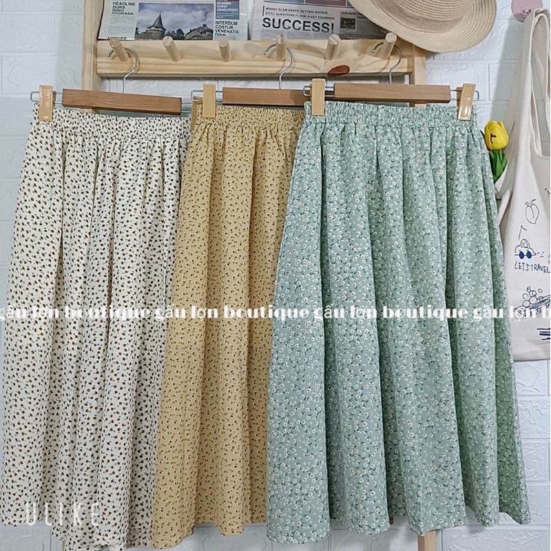 Chân váy midi hoa nhí dáng xoè vintage ảnh thật