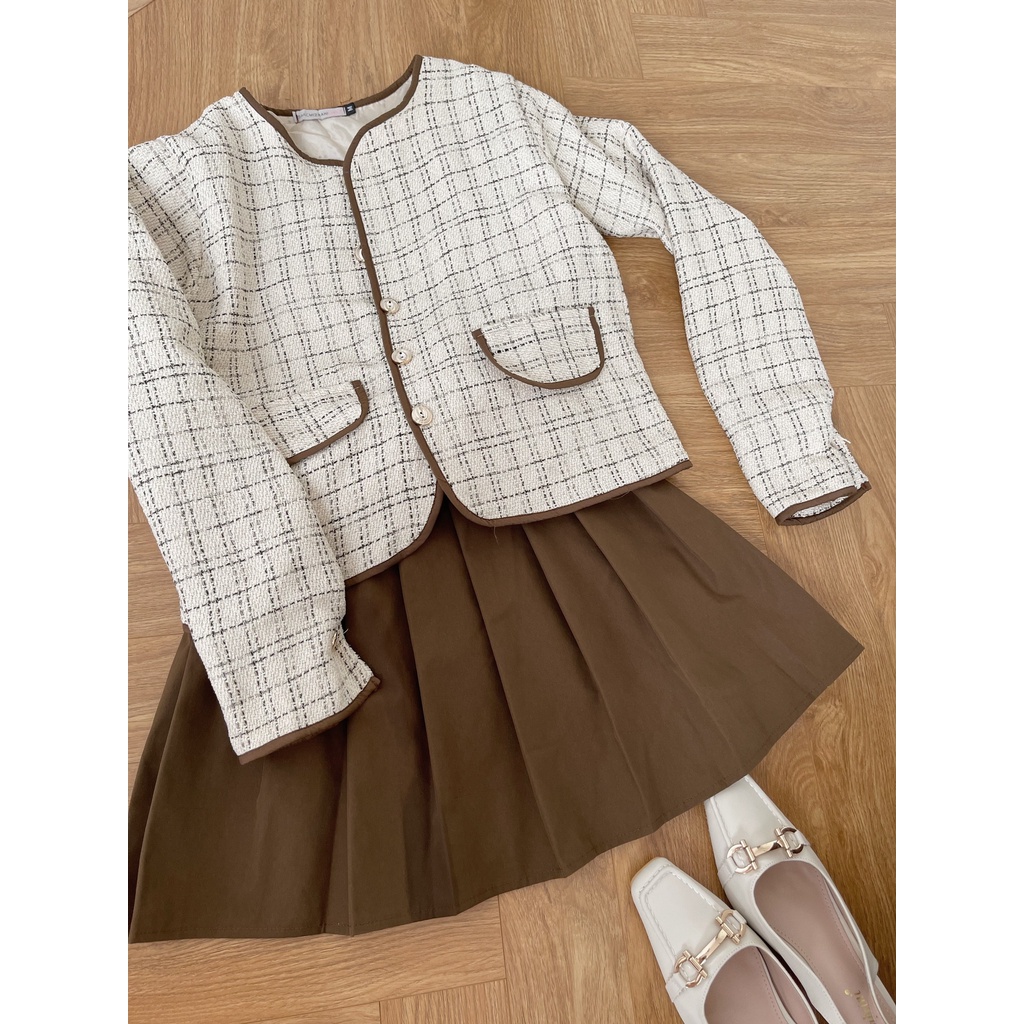 (ảnh thật) Audrey Set khoác dạ tweed viền mix chân váy xếp li 538 | BigBuy360 - bigbuy360.vn