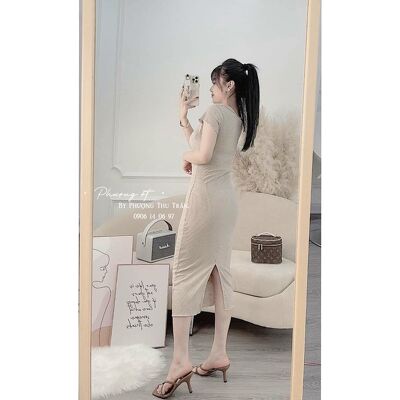 Váy tăm body cổ khuy tay cộc vát nhiều màu xinh