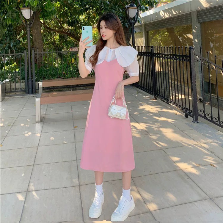 Váy đầm đen hồng cổ trắng xinh tay ngắn dáng dài nhẹ nhàng phong cách Hàn Quốc