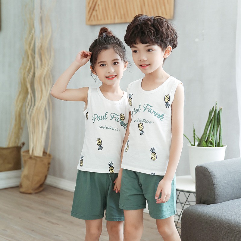 Bộ Đồ 100% Chất Cotton Bé Trai Bé Gái Mặc Nhà Mặc Đi Học Ba Lỗ Quần Ngắn
