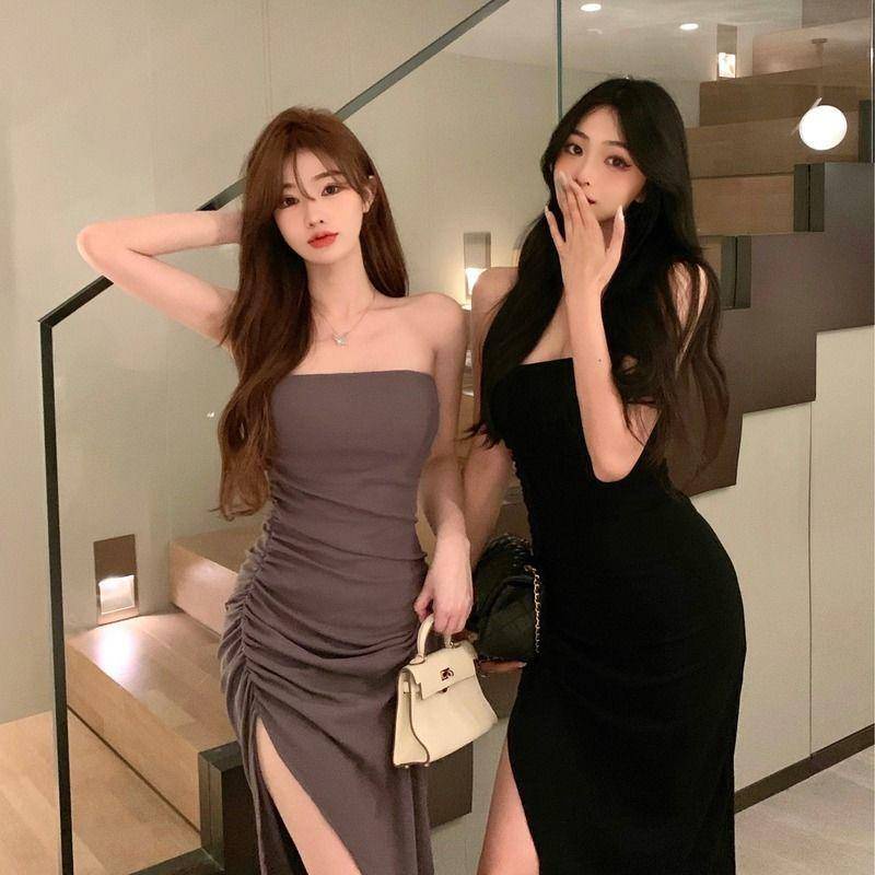 Black one-shoulder tube top dress summer temperament waist slit bag hip skirt long skirt women