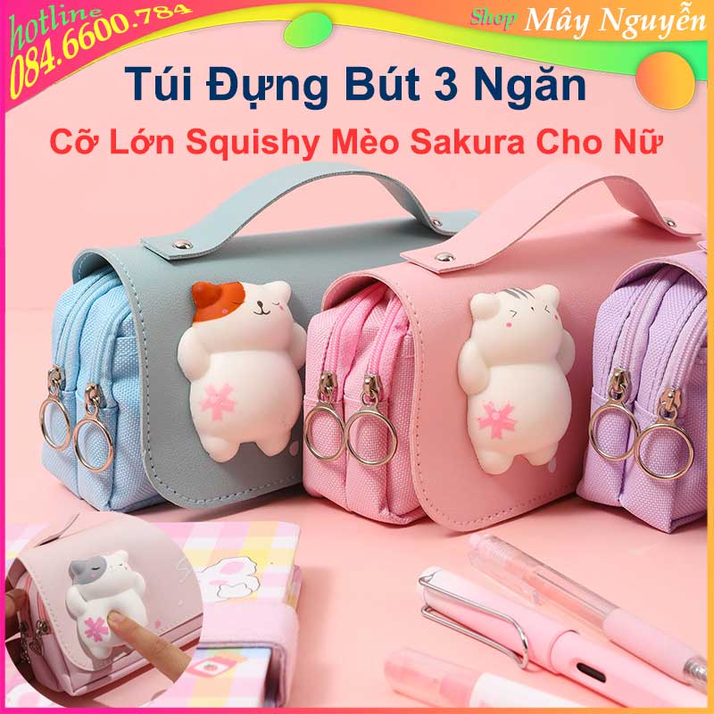 Hộp Bút Túi Đựng Bút 3 Ngăn Cỡ Lớn Squishy Mèo Sakura Kiểu Hàn Dễ Thương 3 Màu Chống Nước Dành Cho Học Sinh Tiểu Học
