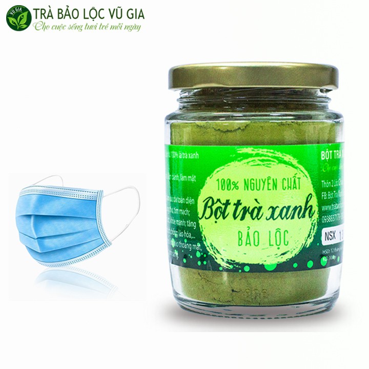 Bột Trà Xanh Nguyên Chất Bảo Lộc Vũ Gia (100g/ hũ) + Tặng Khẩu Trang Y Tế