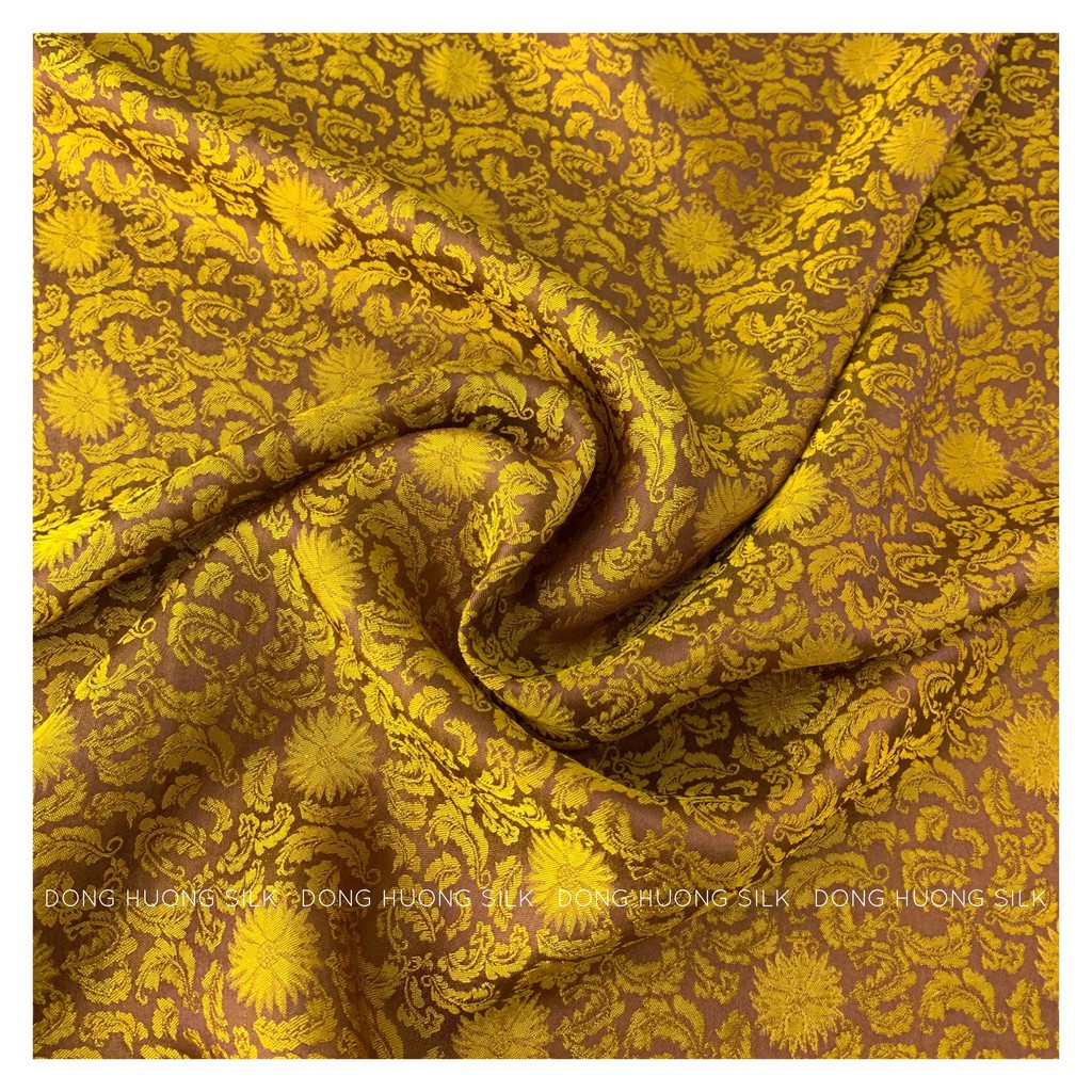 Vải Lụa Hà Đông Satin Hoa Cúc Xoáy - Đông Hương Silk - LHVS045 Nâu Đồng- mát, mềm, tôn dáng, quý phái, sang trọng