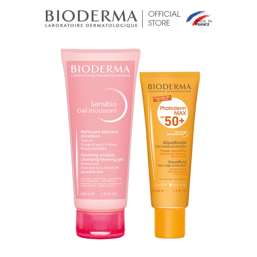 Bộ đôi gel rửa mặt và kem chống nắng cho da nhạy cảm Bioderma Sensibio gel moussant 100ml và Photoderm Aquafluide 40ml