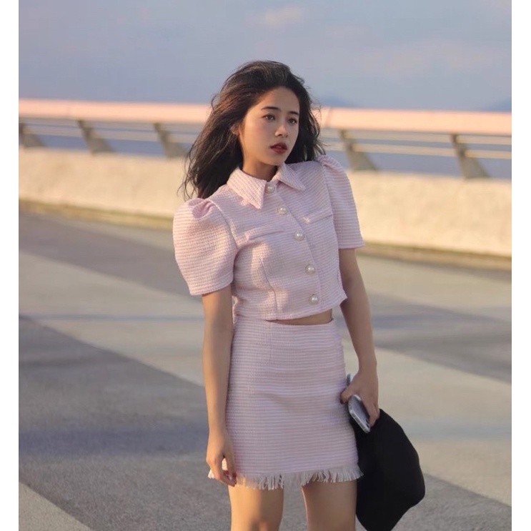 Set áo dạ nút ngọc + chân váy hồng phong cách cổ điển vintage SAM SAM BOUTIQUE