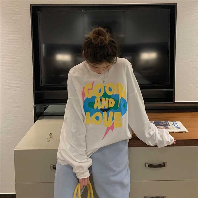 Áo sweater SUXI mỏng cổ tròn tay dài dáng rộng in họa tiết xinh xắn dễ phối đồ cho nữ