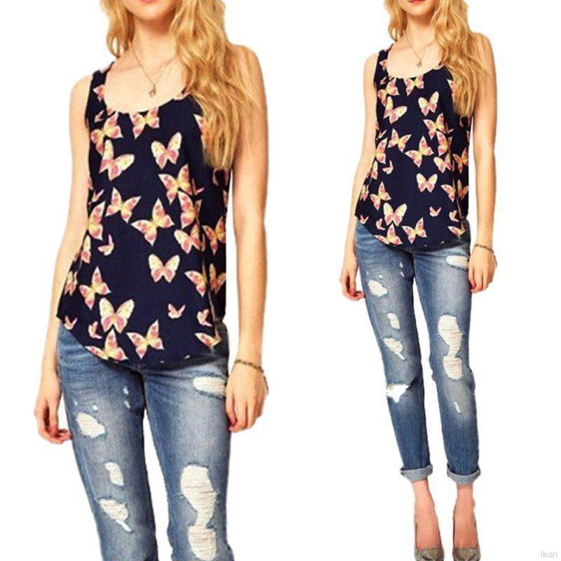 Áo chiffon ba lỗ in họa tiết bướm thời trang cho nữ