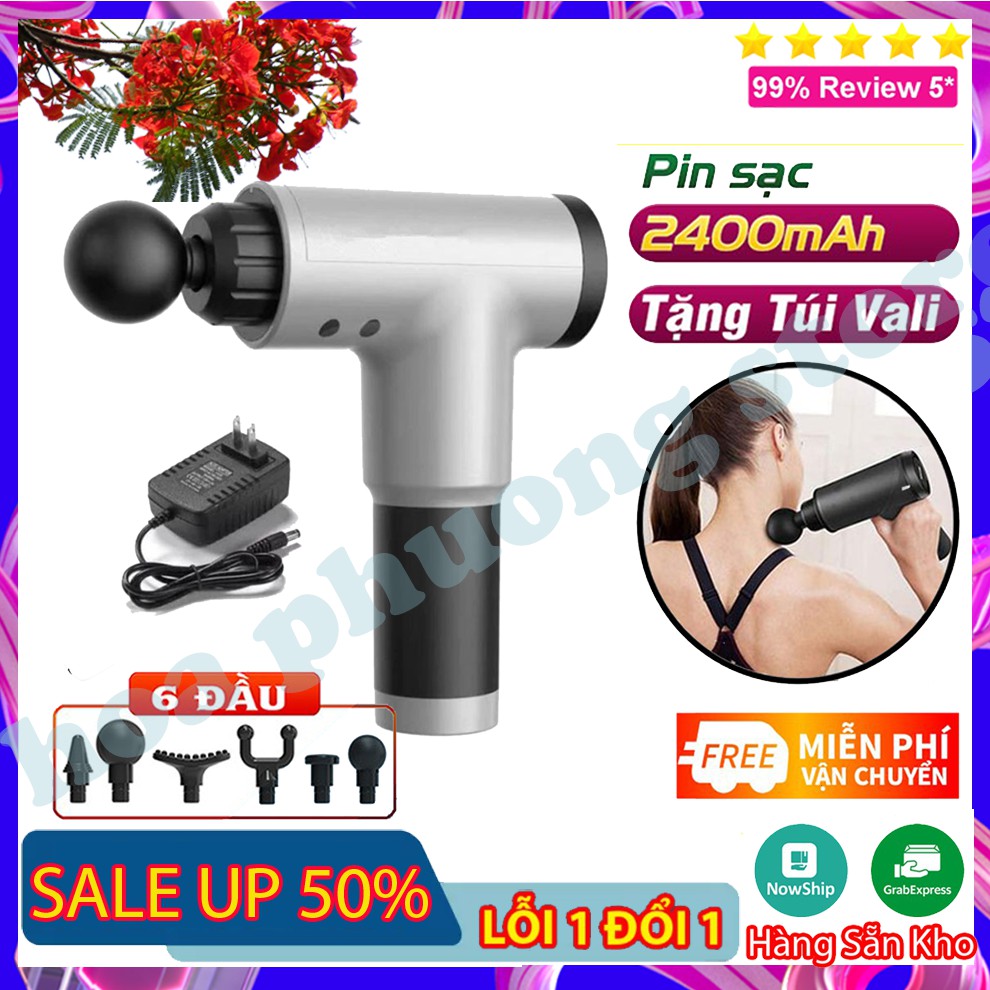 Máy massage cầm tay gun 6 chế độ, 4 đầu xoa bóp giảm đau cơ hiệu quả l Súng mát xa cầm tay không dây, tích điện dùng 5H