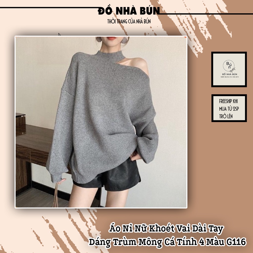 Áo Nỉ Nữ Khoét Vai Dài Tay Dáng Trùm Mông Cá Tính 4 Màu G116