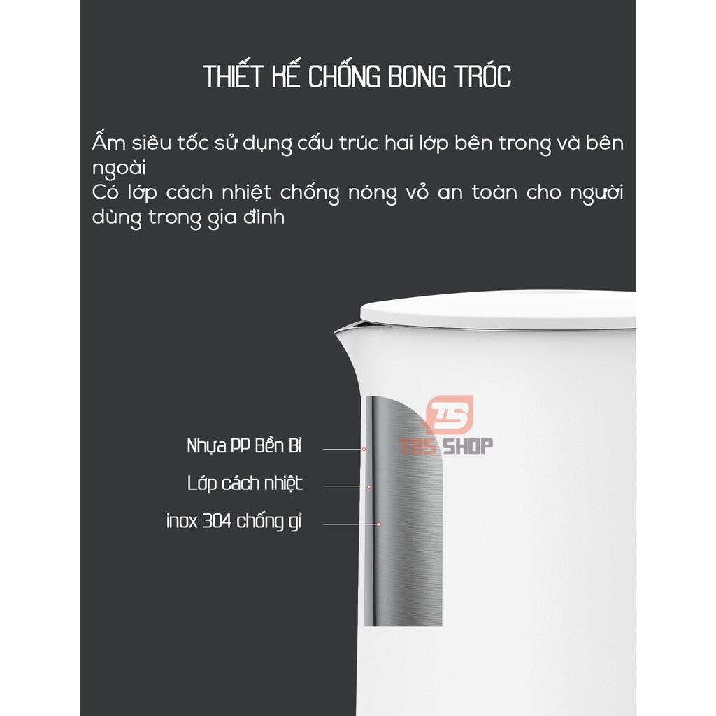 Ấm siêu tốc xiaomi inox 304 dung tích 1.5l 1800w hàng chính hãng