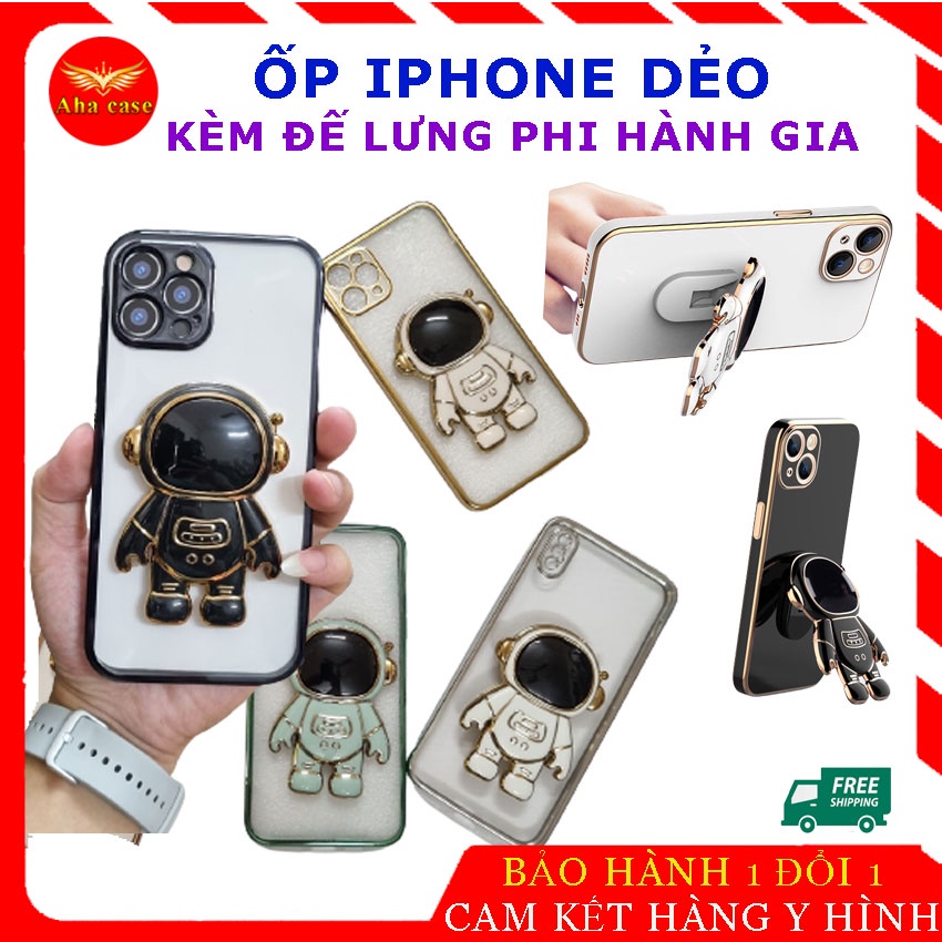 Ốp lưng cho Iphone dẻo trong viền vuông màu kèm đế đỡ Phi Hành Gia Cực Chất từ 7plus/8plus/x/xsmax/11/12/13/pro/max đẹp