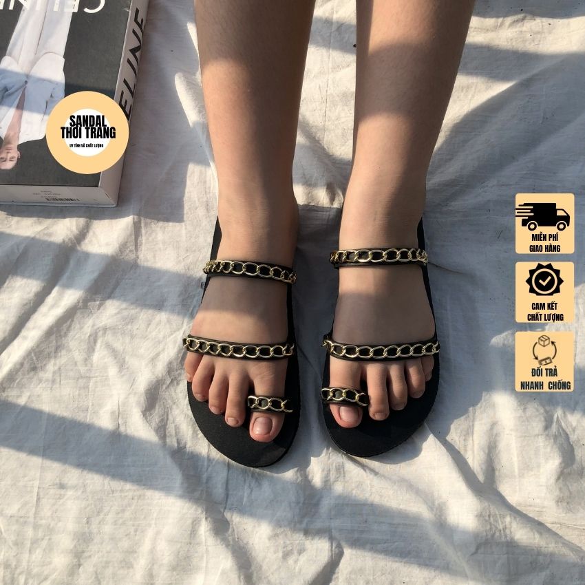 Dép sandal nữ xỏ ngón đi chơi, đi học xích đen/trắng full size 30-44 nam nữ SANDALTHOITRANG [ẢNH THẬT 100%]