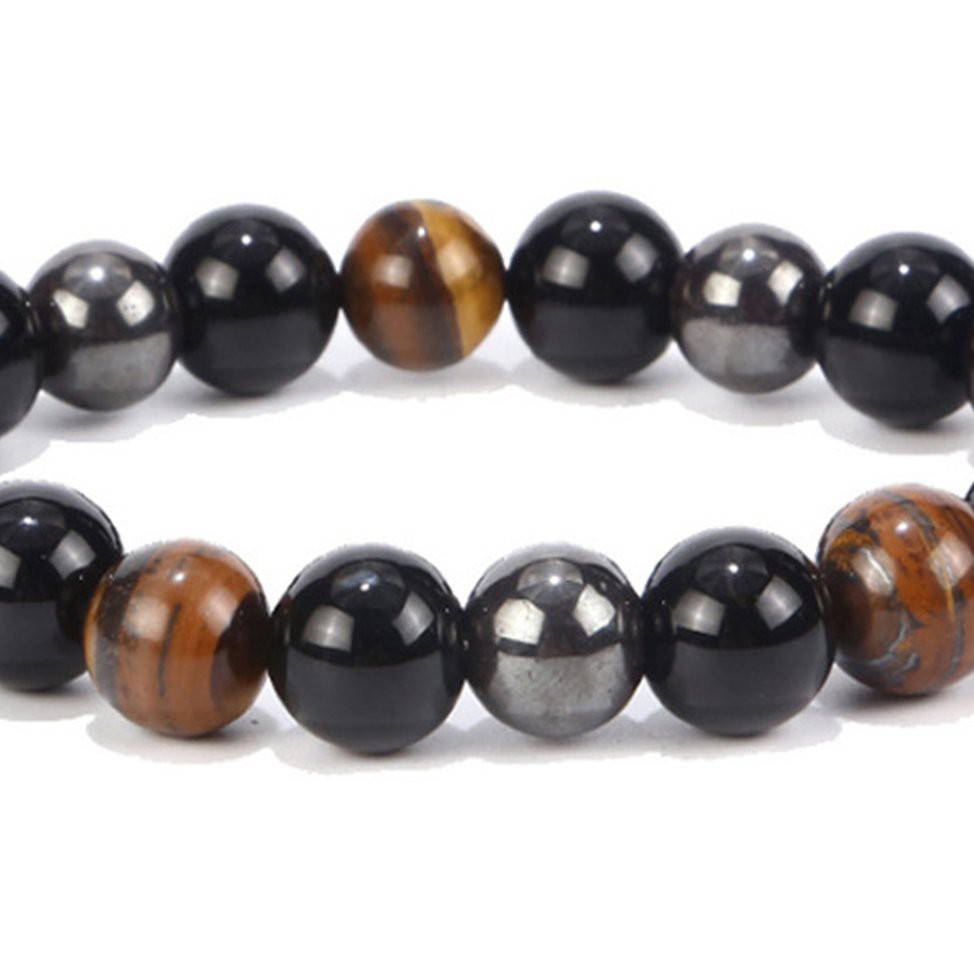 Vòng tay chuỗi hạt xâu ba loại hạt gồm đá mắt hổ đá hematite đá núi lửa đen phục hồi sự tự tin giảm năng lượng tiêu cực