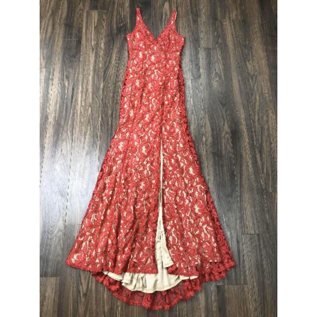 Đầm dạ hội BCBG Red Floral Lace Side Slit Godets Dress