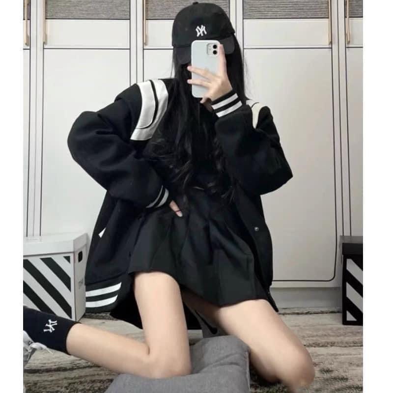 Áo Khoác Nỉ Bomber Viền Vai Phối Kẻ Sọc Trắng Unisex Nam Nữ Form Rộng Hàn Quốc Phong Cách Trẻ Trung
