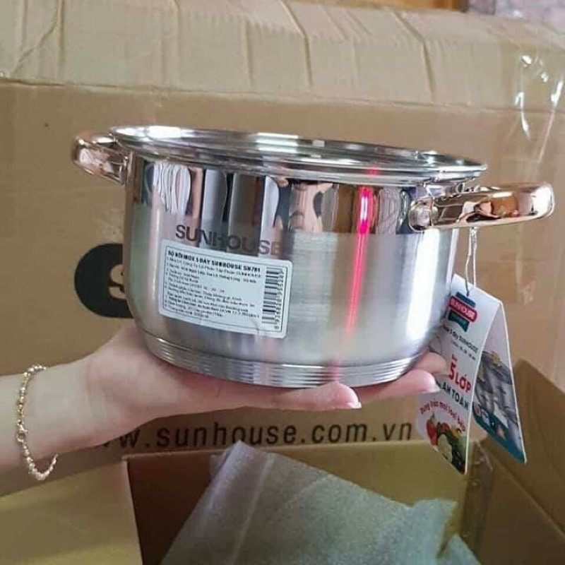 Bộ Nồi SUNHOUSE Inox cao cấp đáy dày 5 Lớp SH781(16-20-24cm) nấu được trên bếp từ