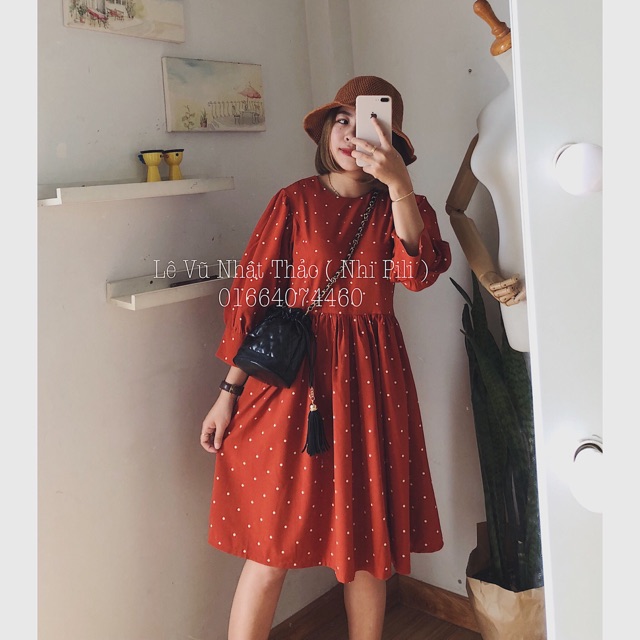 Đầm babydoll chấm bi cam đất