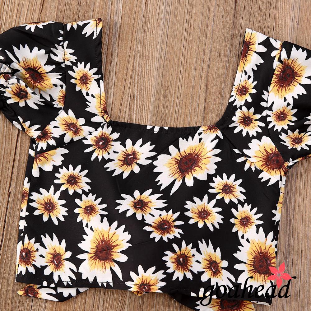 Set áo croptop họa tiết hoa cúc và quần short thời trang hè cho bé gái tập đi