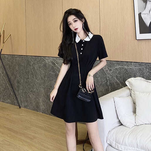 Đầm Đen Tay Ngắn Cổ Polo Ôm Eo Thời Trang Mùa Hè 2022