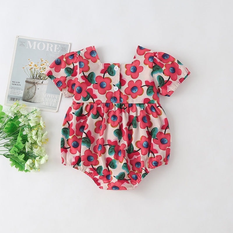 Bộ Áo Liền Quần Tay Phồng Chất Liệu Cotton Đính Nơ In Hoa Thời Trang Mùa Hè Cho Bé Gái Sơ Sinh