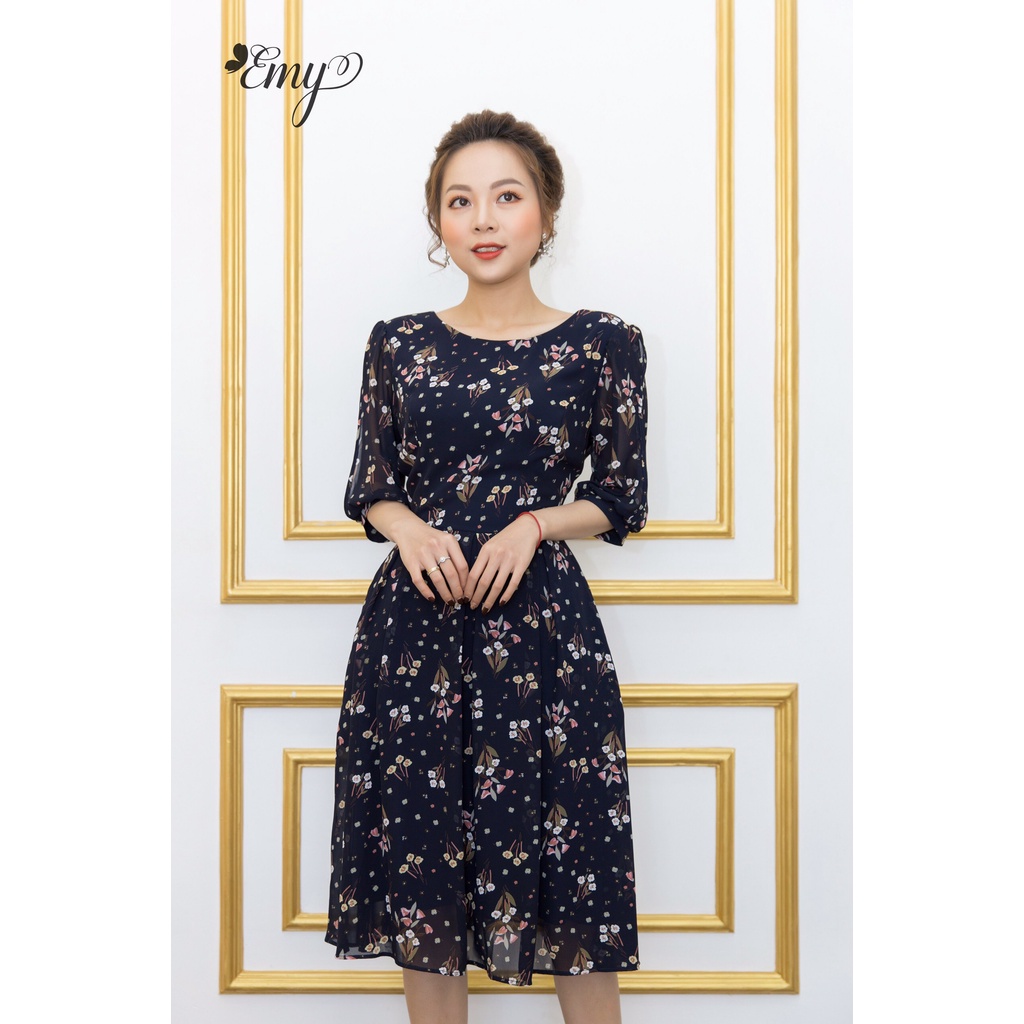 Đầm xòe hoa nhí cổ tròn tay lỡ xẻ có túi EM5200 - Váy EMY
