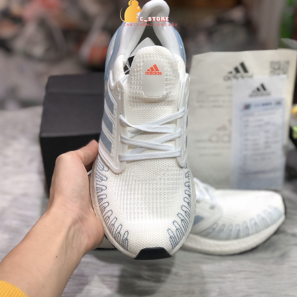 Giày thể thao nam nữ Adidas Ultra Boost trắng viền gót xanh chuẩn 1.1