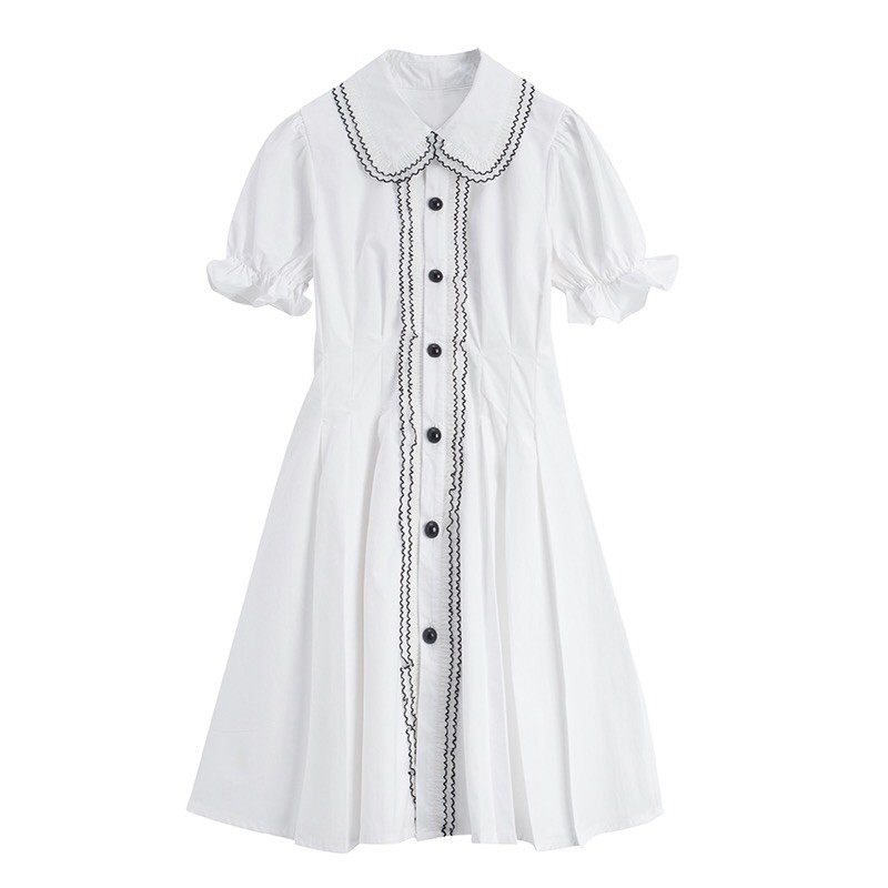 Đầm Sơ Mi Trắng Cổ Bèo Viền Đen Nhún Eo