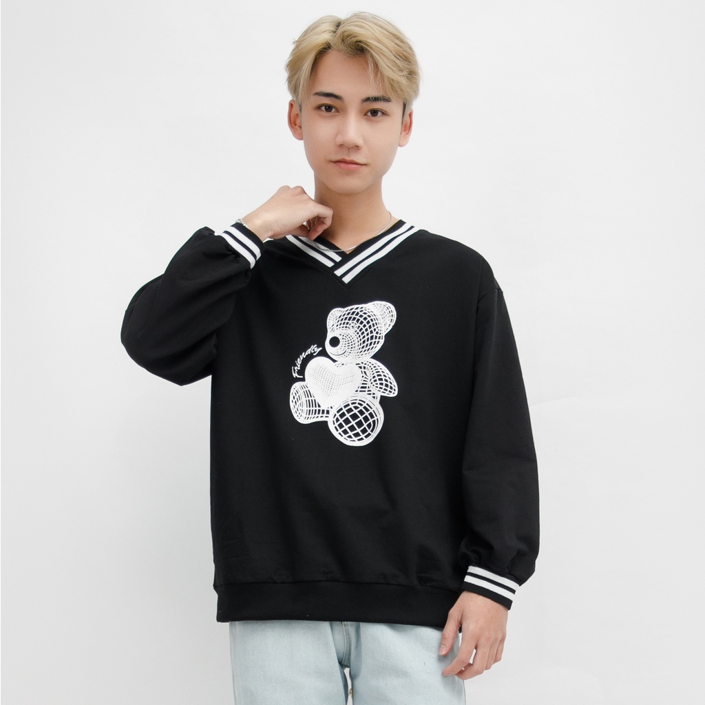Áo Nỉ Đen Cao Cấp Sweater Dài Tay Nam MANDO Cổ Tim Họa Tiết In Gấu Form Rộng Basic Unisex Thời Trang Hàn Quốc NDN091