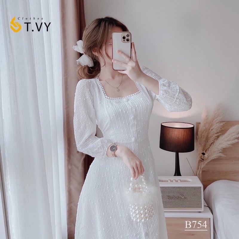 [Bán lỗ xin đánh giá] Đầm dự tiệc đầm trắng cổ vuông tay phồng dáng dài | BigBuy360 - bigbuy360.vn