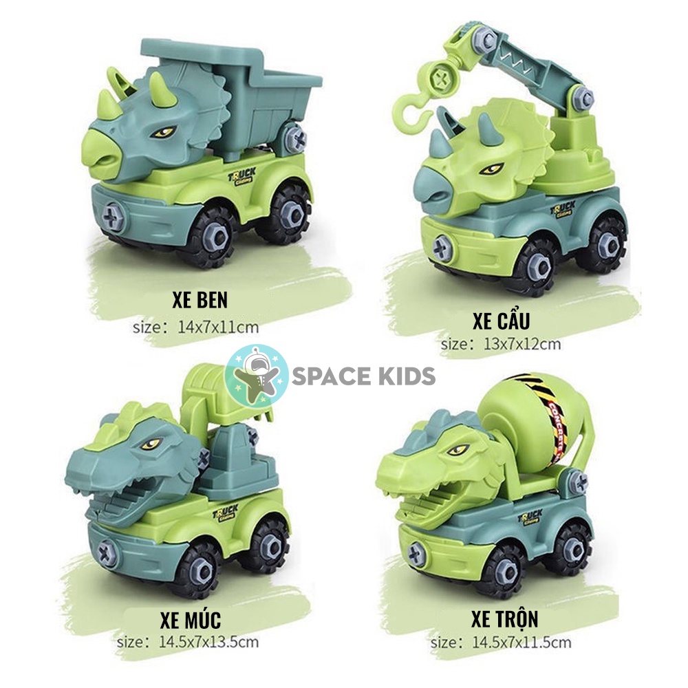 Set 4 xe lắp ghép khủng long công trường, xe ô tô đồ chơi tặng kèm tovit, cờ lê cho bé
