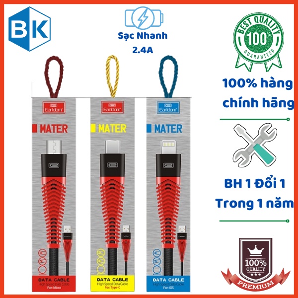 Cáp sạc Earldom EC-060,Chất liệu dây dù chống rối,Đầu cáp bằng thép chống gỉ,BH 12 tháng 1 đổi 1