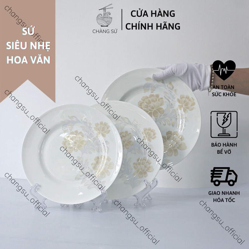 Đĩa tròn trang trí hoa văn sứ siêu nhẹ - Dĩa cạn nông lòng sứ xương siêu nhẹ Minh Châu