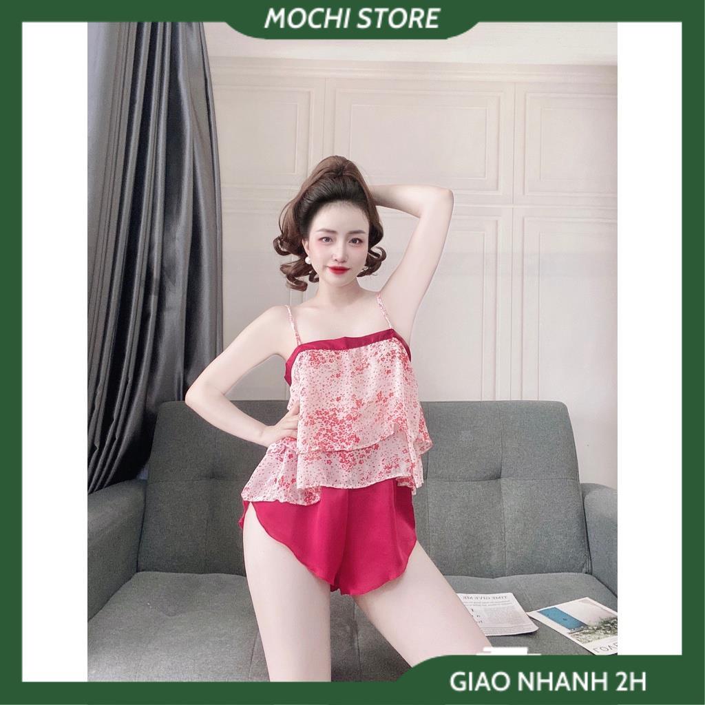 Đồ Ngủ Sexy Nữ , Bộ Áo 2 Dây Cột Nơ Sau Voan Hoa Quần Cọc Lụa Màu Trơn Thời Trang Sexy, Gợi Cảm Cho Bạn Nữ.