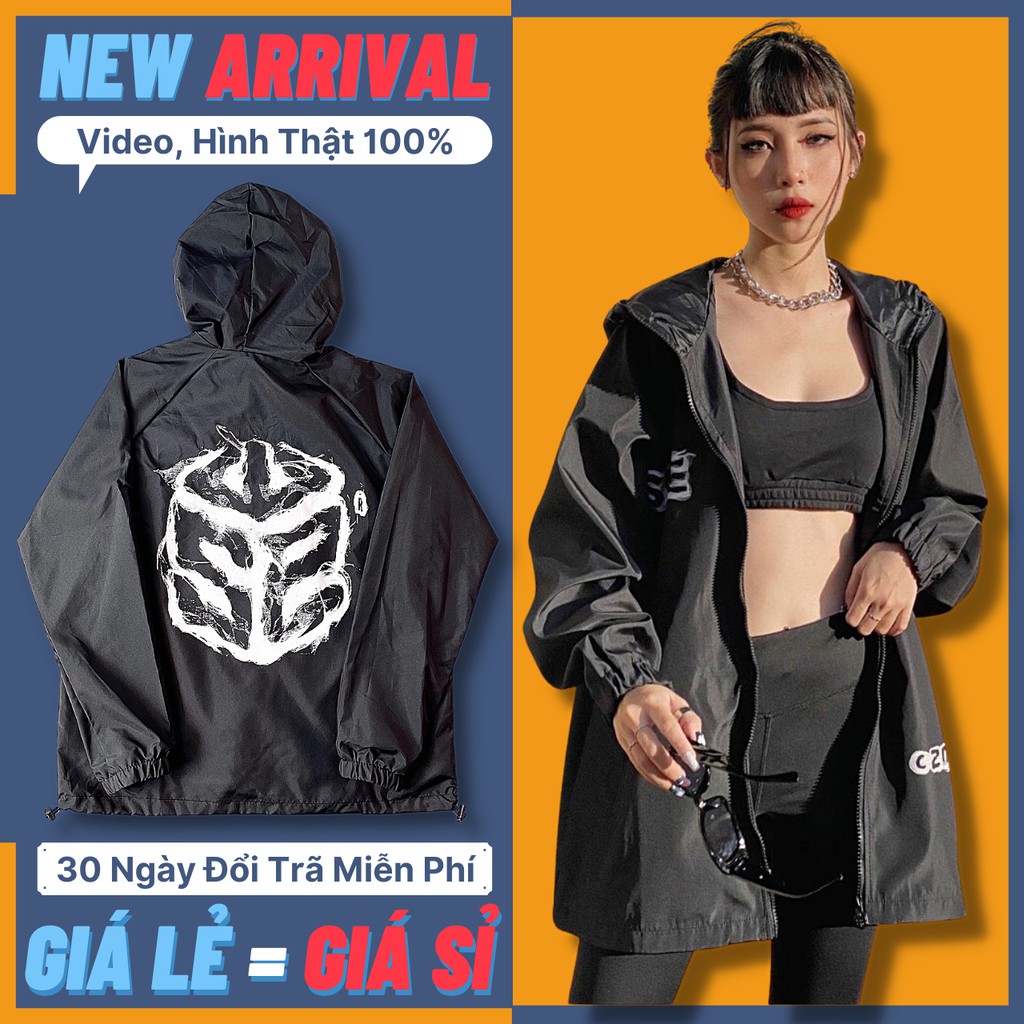 Áo khoác nam nữ dù 2 lớp quảng châu form rộng unisex áo gió đôi đen in LỬA S.W.E - FUXXI 2265