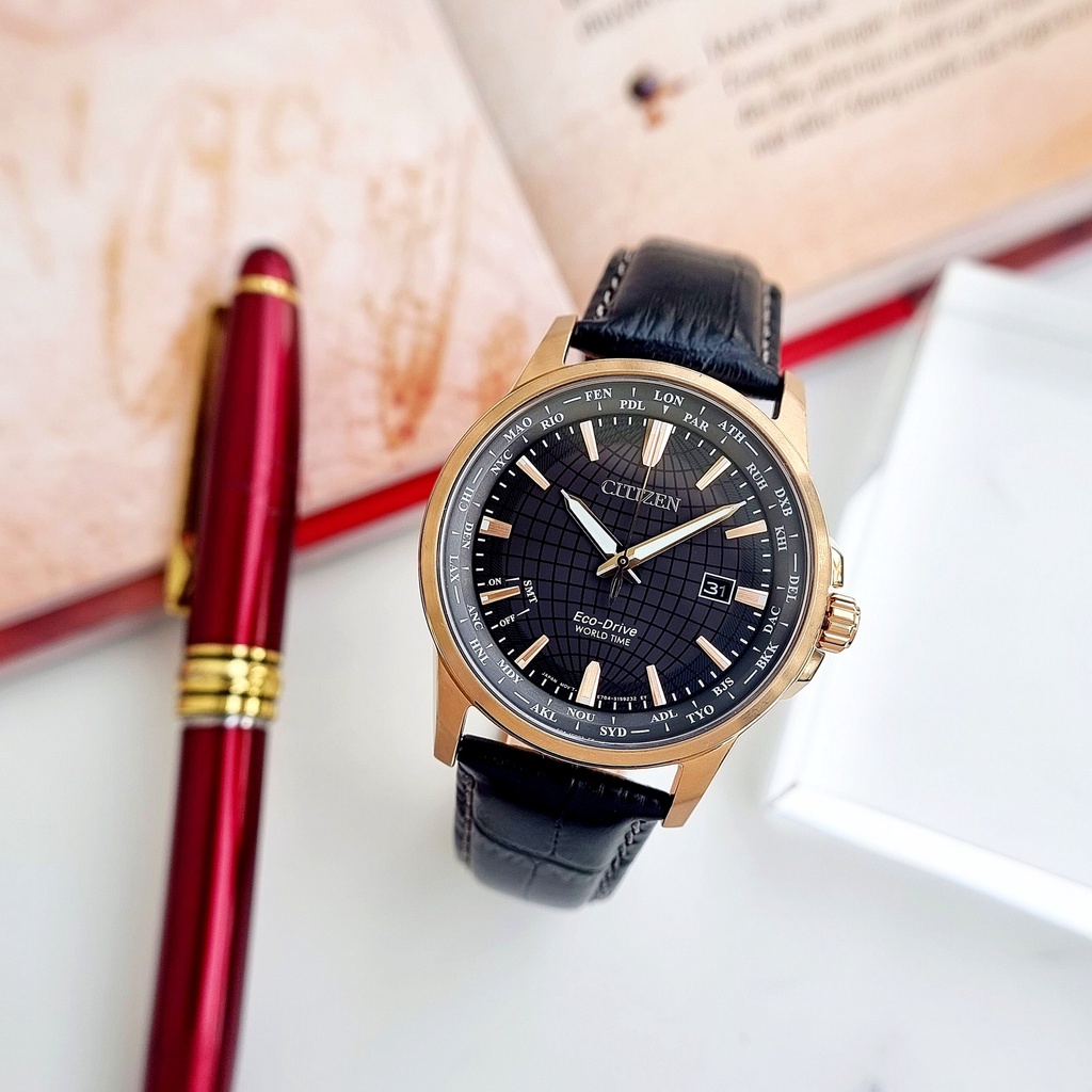 Đồng Hồ Nam Citizen World Time BX1003-08E Eco-Drive Dây Da Vỏ Rose Mặt Đen