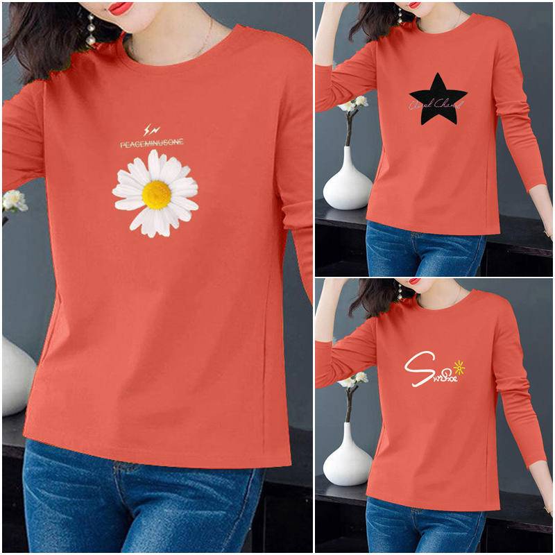 Áo thun cotton cổ tròn tay dài plus size cho phụ nữ trung niên