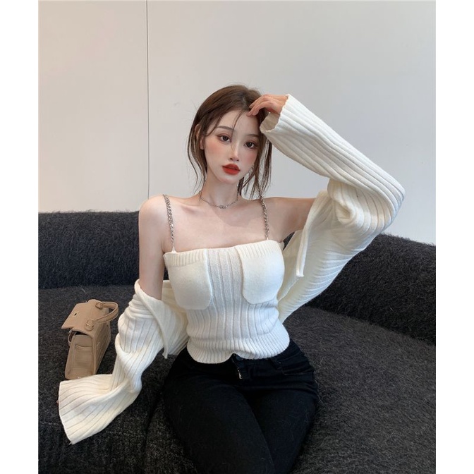 Áo len hai dây nữ, áo khoác cardigan len nữ full set có video ảnh thật