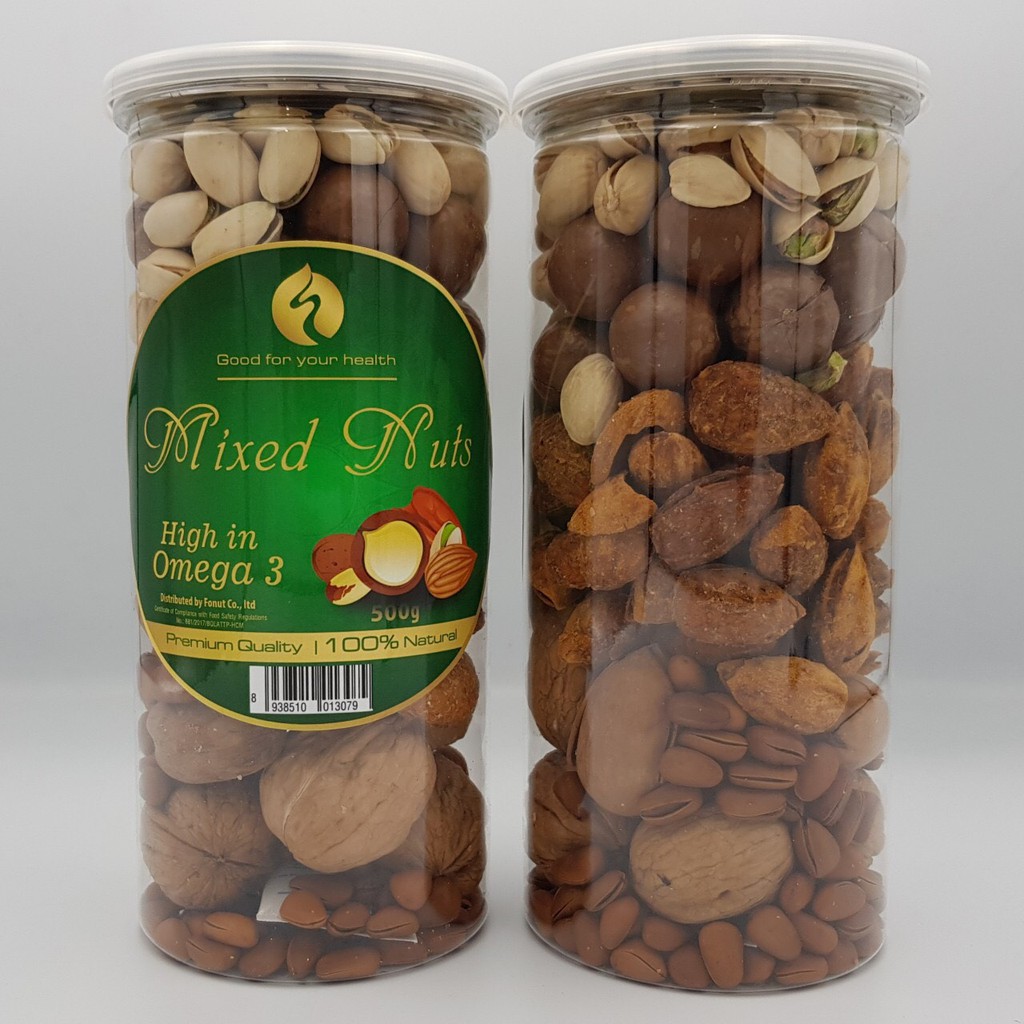 Mix Nuts 6 loại hạt (Óc chó, hạnh nhân, Thông Mỹ, macca, Hồ Đào, hạt dẻ cười)-Hộp 500gr