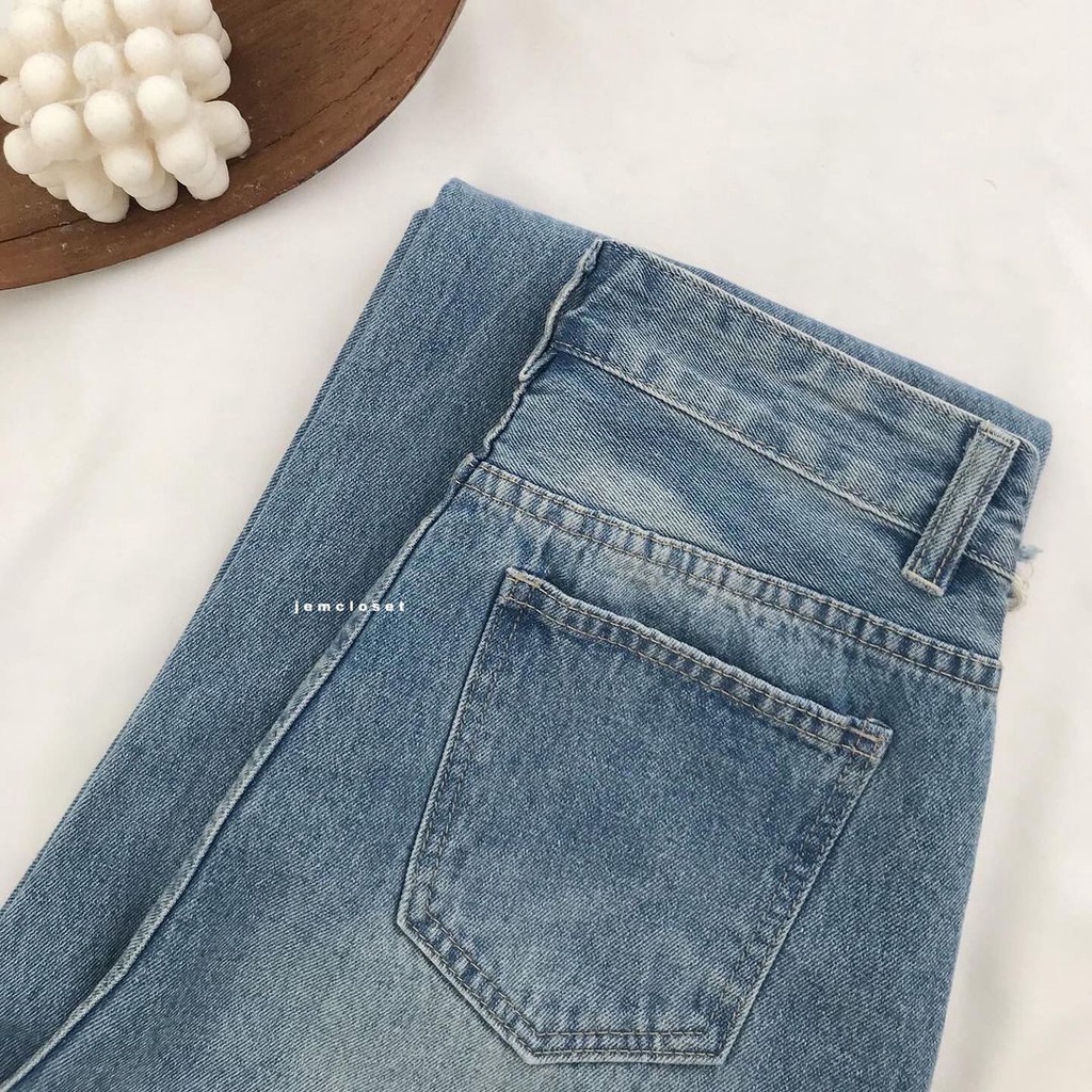 Quần Jean Baggy Nữ Lưng Cao JEM CLOSET Quần Bò Ống Đứng Form Rộng Rách Gối Màu Xanh Phong Cách Năng Động STOC 2283