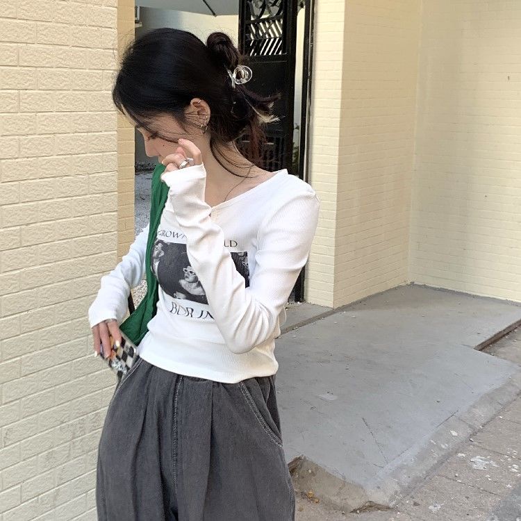 COZOK Áo Thun Tay Dài Phong Cách Vintage Thời Trang Cho Nữ