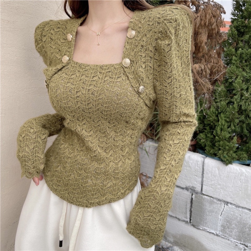 Áo sơ mi tay dài cổ vuông phối ren quyến rũ hợp thời trang